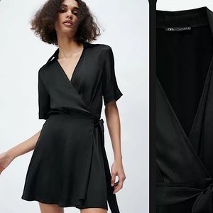 🆕 ZARA Satin Wrap Dress in Black SZ XS
